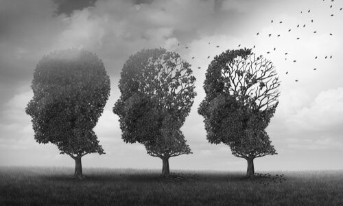 Trees shaped as heads.
