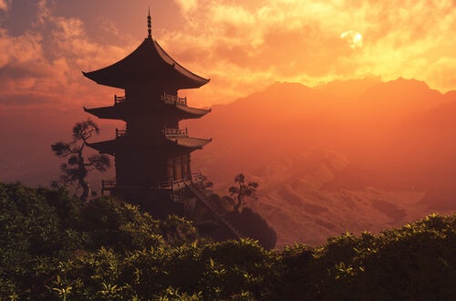 A Chinese landscape during sunset.