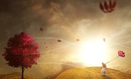 A girl walking with balloons on her hands.