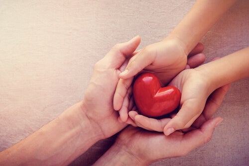Hands holding a plastic heart.