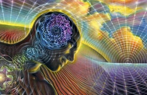 A man surrounded by colorful lights.