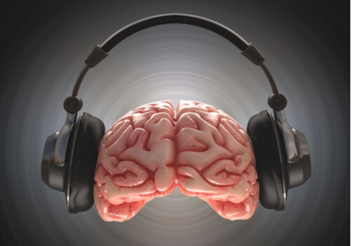 A brain with headphones.