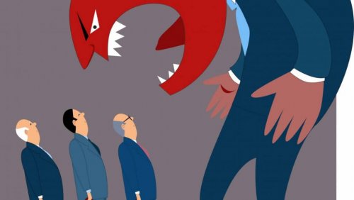 A photo representing psychopathic leaders (a boss) yelling at workers.