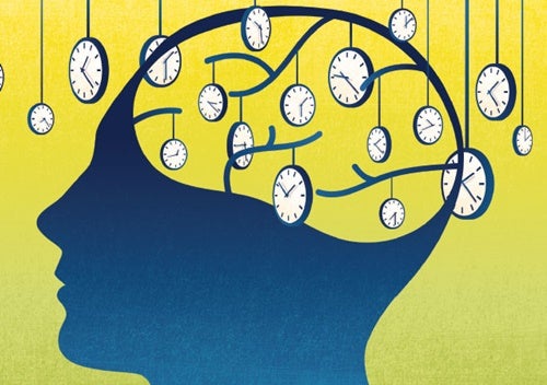 A brain surrounded by clocks.