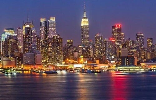 The New York skyline at night.