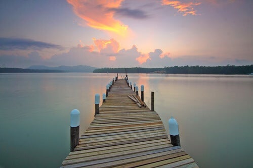 A pier on a lake.