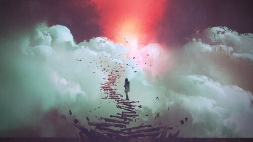 A woman walking up steps to the sky looking for the answer to the decisive question.