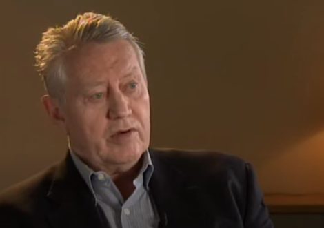A photo of an interview with Chuck Feeney.