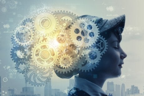 A little boy with his brain represented by cogs.