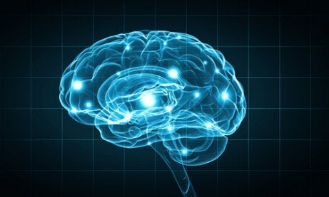 An illuminated blue brain.