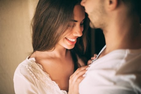 A woman flirting with a man.