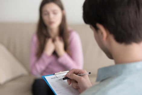 A patient talking to a therapist.