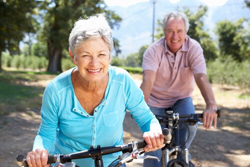 Two people on bicycles.