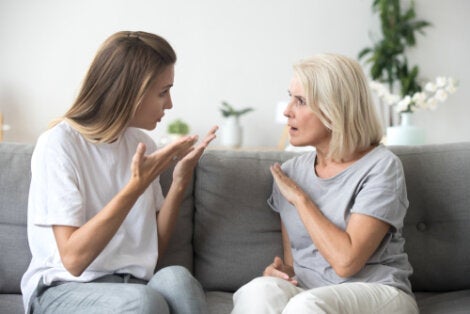 A mom and daughter talking.