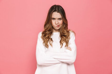 A woman looking annoyed.