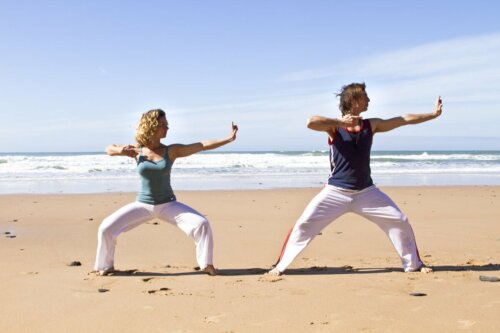 People exercising by the beach.