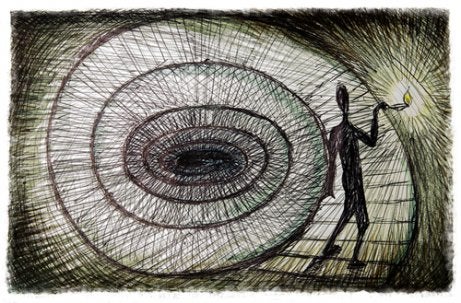Pencil drawing of a man walking down a spiral staircase.