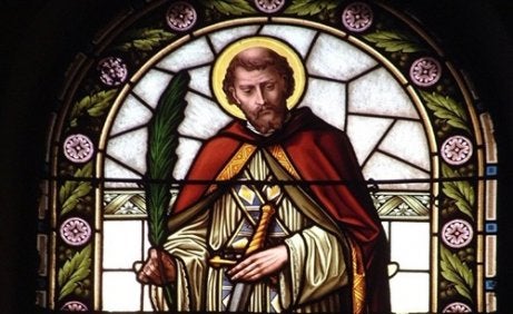 A stained glass window of St. Valentine.