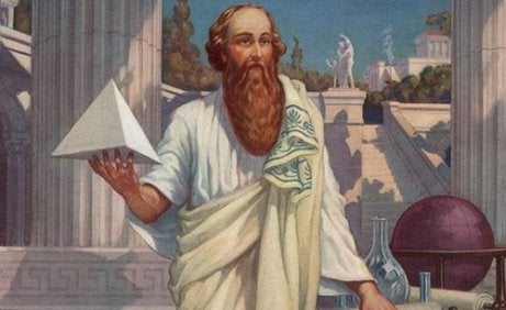 Pythagoras holding a pyramid.