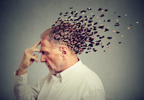 A person's head disintegrating.