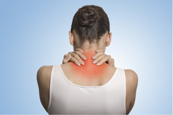 Back view of woman, showing area affected by severe fibromyalgia.
