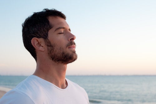 A man breathing.