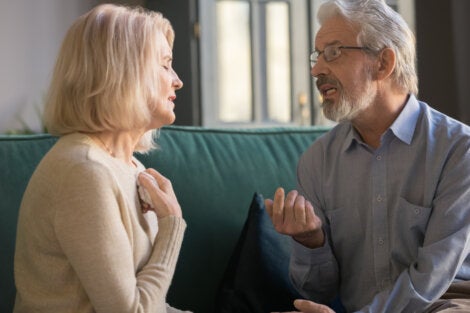An older couple talking about their relationship.