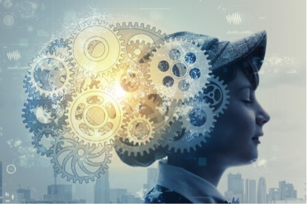 A head with cogs showing the working of the mind.