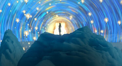 A woman in a tunnel.