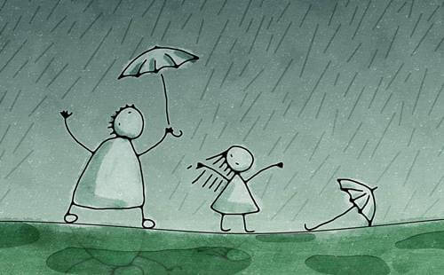 Tekening van twee mensen in de regen