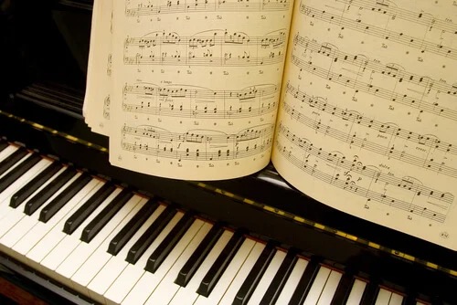 A piano and a sheet of music.