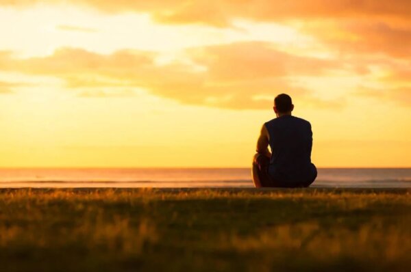 A back view of a man sitting down.