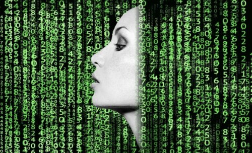 A woman surrounded by green numbers.
