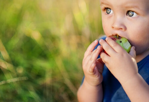 A child eating an apple.