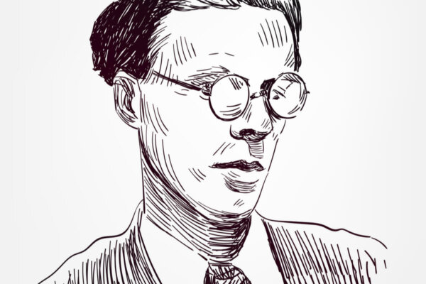 A line drawing of Aldous Huxley.