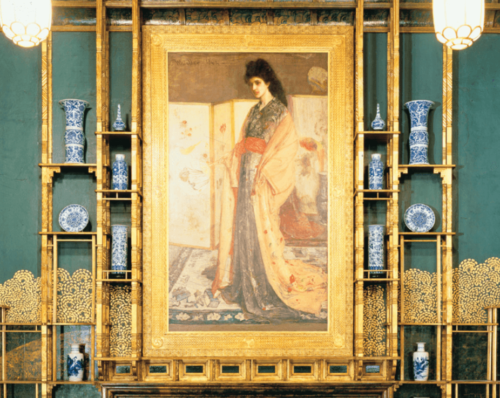 A painting on a peacock-colored wall.