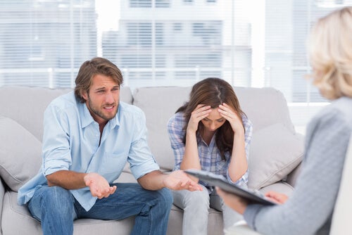 A frustrated couple with a therapist.