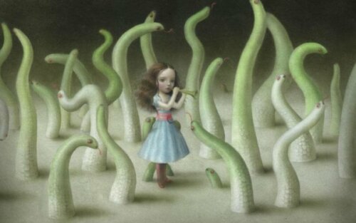 A girl surrounded by worms.