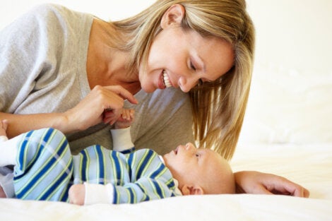 A mother talking to her infant.