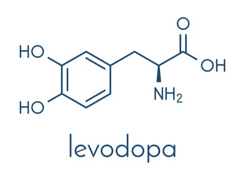 Kemiska formeln för läkemedlet levodopa.
