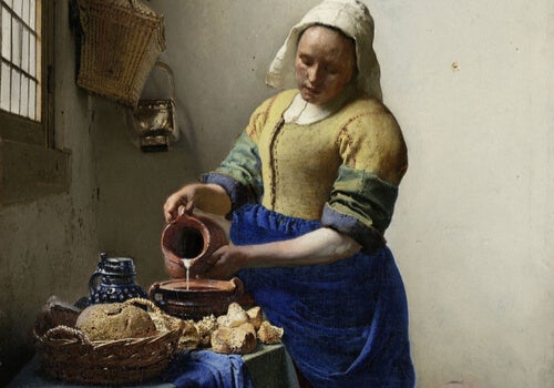 Obraz przedstawiający kobietę nalewającą wodę do miski.