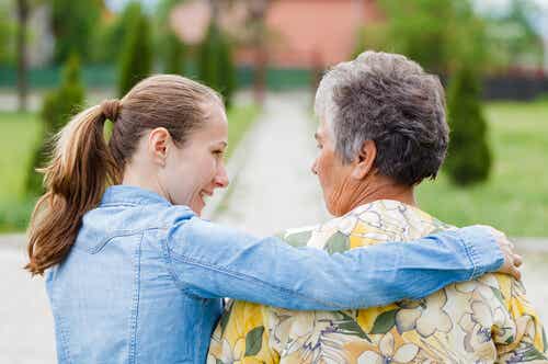 A girl caring for her grandmother.
