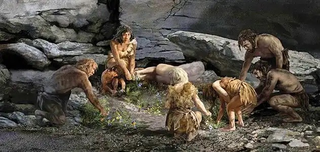 Tekening van een groep neanderthalers