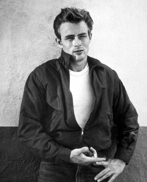 A black and white photo of James Dean from the film Rebel Without a Cause.