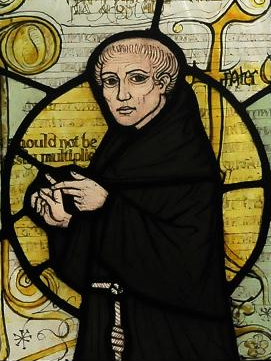 A stained-glass image of William of Ockham.